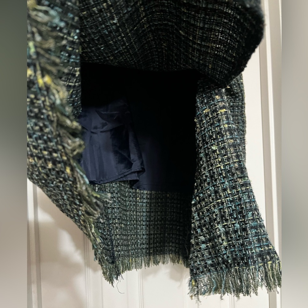 Navy, Green & Yellow Metallic Classic Tweed Asymmetrical Frayed Edge Skirt. - Picture 8 of 14
